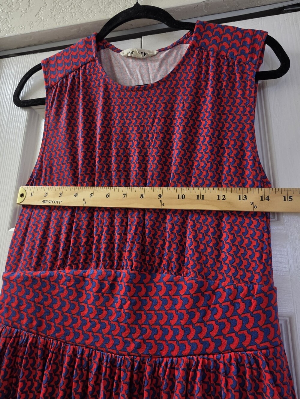 Boden Thea Sleeveless Red And Blue Patterned Midi Dress - Picture 7 of 8